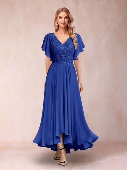 Robe de Soirée Longue à Manches Courtes et Col En V Coupe A-Line/Princesse avec Appliques