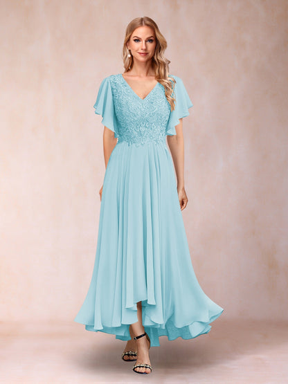 Robe de Soirée Longue à Manches Courtes et Col En V Coupe A-Line/Princesse avec Appliques
