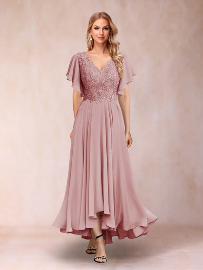 Robe de Soirée Longue à Manches Courtes et Col En V Coupe A-Line/Princesse avec Appliques