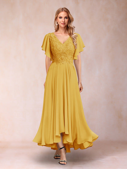 Robe de Soirée Longue à Manches Courtes et Col En V Coupe A-Line/Princesse avec Appliques