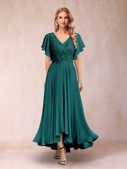 Robe de Soirée Longue à Manches Courtes et Col En V Coupe A-Line/Princesse avec Appliques