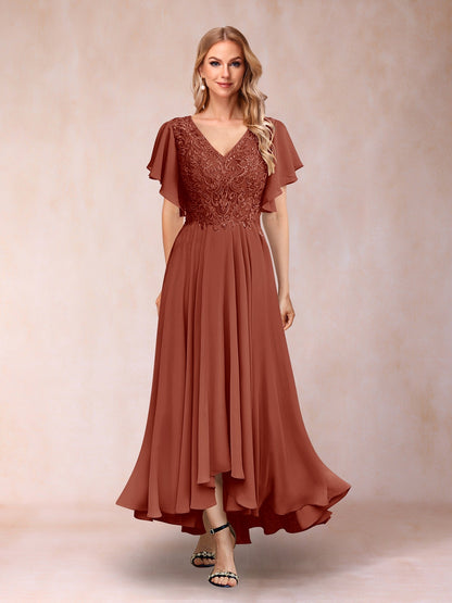 Robe de Soirée Longue à Manches Courtes et Col En V Coupe A-Line/Princesse avec Appliques