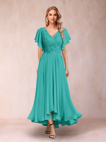 Robe de Soirée Longue à Manches Courtes et Col En V Coupe A-Line/Princesse avec Appliques