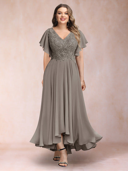 Robe de Soirée Trapèze/Princesse, Col en V, Manches Courtes, Longue, Grande Taille avec Applications