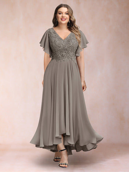 Robe de Soirée Trapèze/Princesse, Col en V, Manches Courtes, Longue, Grande Taille avec Applications