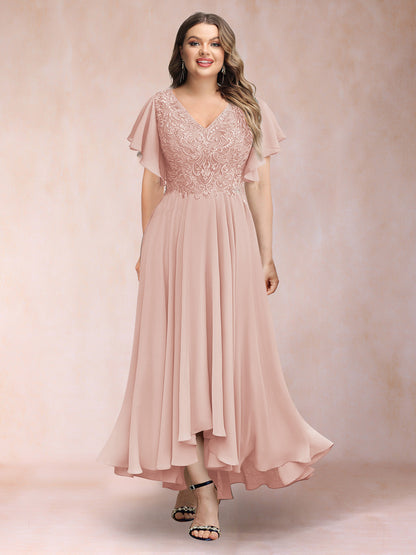Robe de Soirée Trapèze/Princesse, Col en V, Manches Courtes, Longue, Grande Taille avec Applications