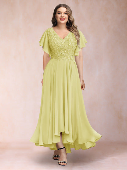 Robe de Soirée Trapèze/Princesse, Col en V, Manches Courtes, Longue, Grande Taille avec Applications