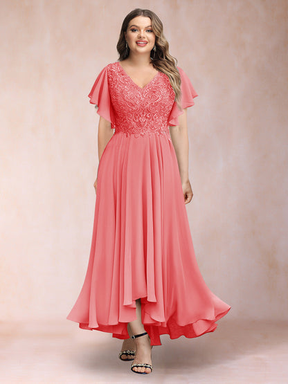 Robe de Soirée Trapèze/Princesse, Col en V, Manches Courtes, Longue, Grande Taille avec Applications