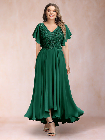 Robe de Soirée Trapèze/Princesse, Col en V, Manches Courtes, Longue, Grande Taille avec Applications