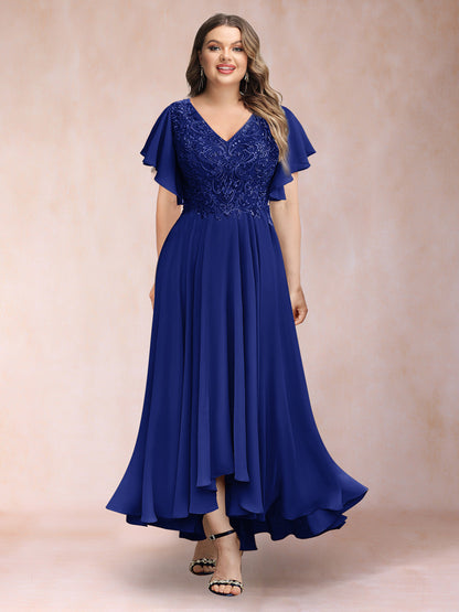 Robe de Soirée Trapèze/Princesse, Col en V, Manches Courtes, Longue, Grande Taille avec Applications