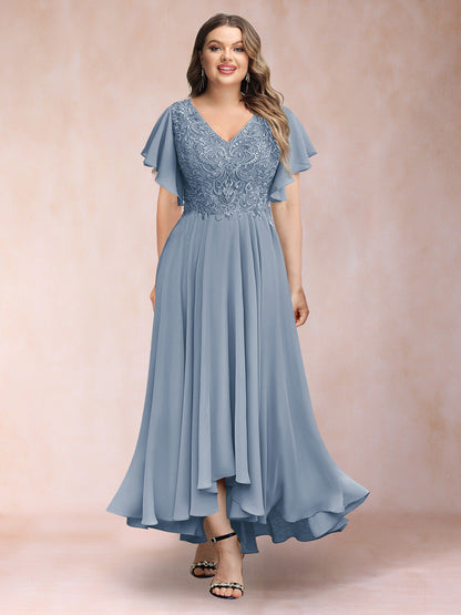 Robe de Soirée Trapèze/Princesse, Col en V, Manches Courtes, Longue, Grande Taille avec Applications