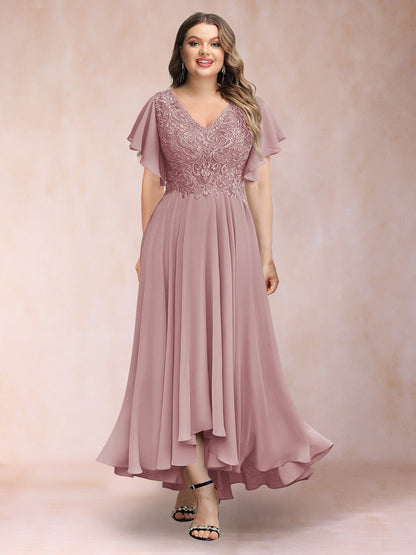 Robe de Soirée Trapèze/Princesse, Col en V, Manches Courtes, Longue, Grande Taille avec Applications