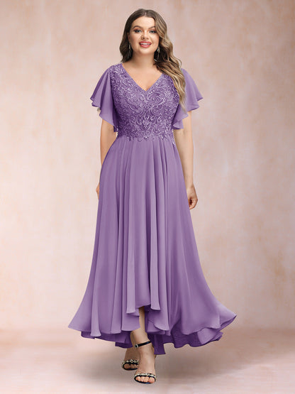 Robe de Soirée Trapèze/Princesse, Col en V, Manches Courtes, Longue, Grande Taille avec Applications