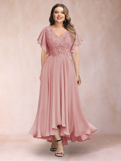 Robe de Soirée Trapèze/Princesse, Col en V, Manches Courtes, Longue, Grande Taille avec Applications