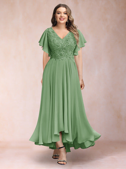 Robe de Soirée Trapèze/Princesse, Col en V, Manches Courtes, Longue, Grande Taille avec Applications