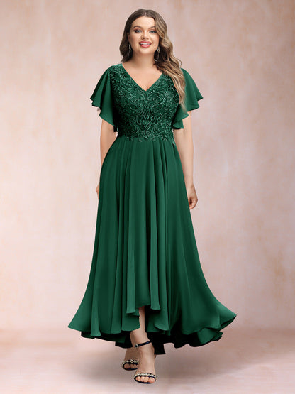 Robe de Soirée Trapèze/Princesse, Col en V, Manches Courtes, Longue, Grande Taille avec Applications