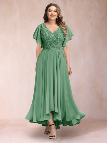 Robe de Soirée Trapèze/Princesse, Col en V, Manches Courtes, Longue, Grande Taille avec Applications