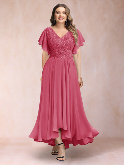 Robe de Soirée Trapèze/Princesse, Col en V, Manches Courtes, Longue, Grande Taille avec Applications