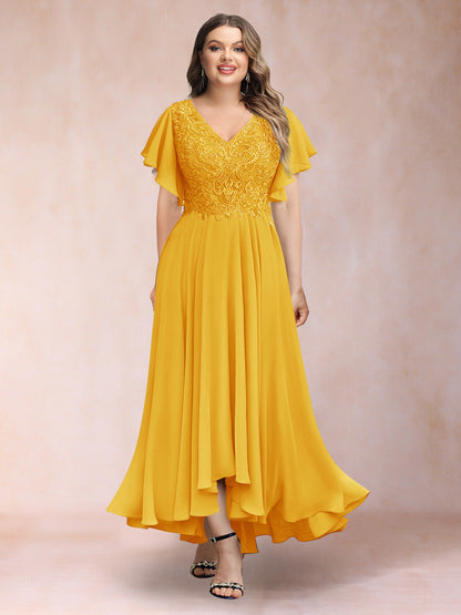 Robe de Soirée Trapèze/Princesse, Col en V, Manches Courtes, Longue, Grande Taille avec Applications