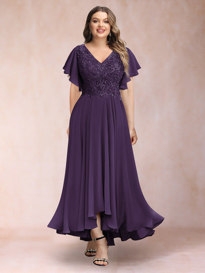 Robe de Soirée Trapèze/Princesse, Col en V, Manches Courtes, Longue, Grande Taille avec Applications
