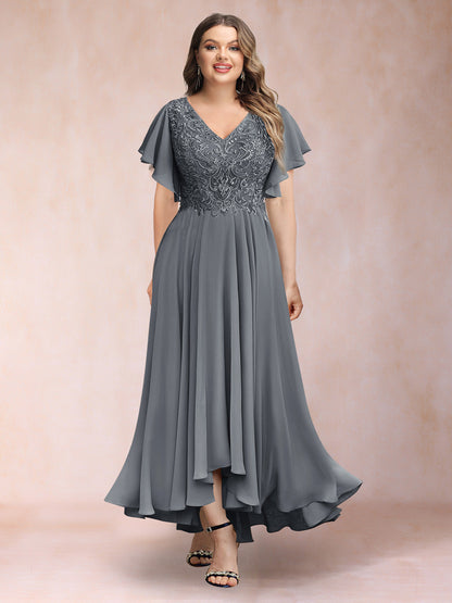 Robe de Soirée Trapèze/Princesse, Col en V, Manches Courtes, Longue, Grande Taille avec Applications