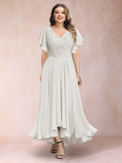 Robe de Soirée Trapèze/Princesse, Col en V, Manches Courtes, Longue, Grande Taille avec Applications