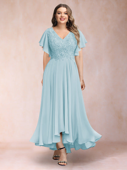 Robe de Soirée Trapèze/Princesse, Col en V, Manches Courtes, Longue, Grande Taille avec Applications