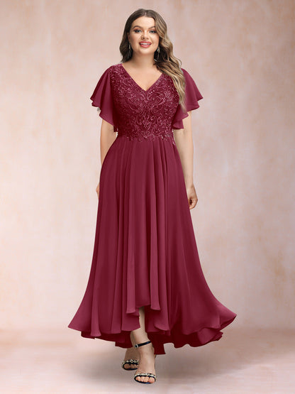 Robe de Soirée Trapèze/Princesse, Col en V, Manches Courtes, Longue, Grande Taille avec Applications