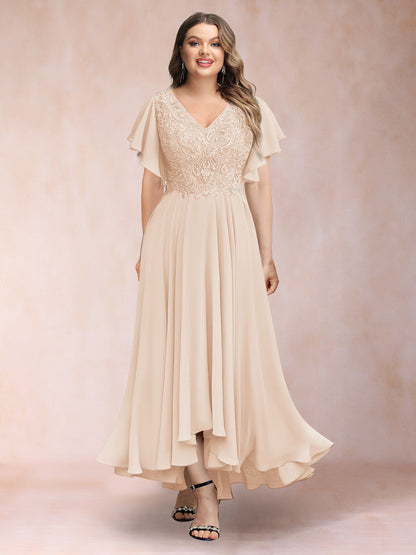 Robe de Soirée Trapèze/Princesse, Col en V, Manches Courtes, Longue, Grande Taille avec Applications