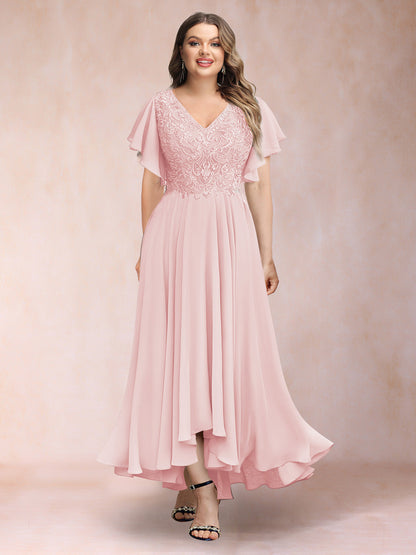 Robe de Soirée Trapèze/Princesse, Col en V, Manches Courtes, Longue, Grande Taille avec Applications