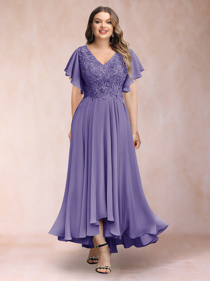 Robe de Soirée Trapèze/Princesse, Col en V, Manches Courtes, Longue, Grande Taille avec Applications