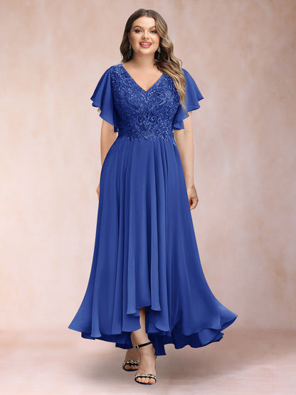Robe de Soirée Trapèze/Princesse, Col en V, Manches Courtes, Longue, Grande Taille avec Applications