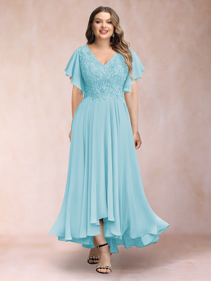 Robe de Soirée Trapèze/Princesse, Col en V, Manches Courtes, Longue, Grande Taille avec Applications