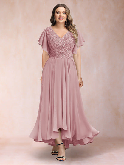 Robe de Soirée Trapèze/Princesse, Col en V, Manches Courtes, Longue, Grande Taille avec Applications