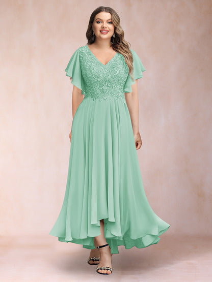 Robe de Soirée Trapèze/Princesse, Col en V, Manches Courtes, Longue, Grande Taille avec Applications