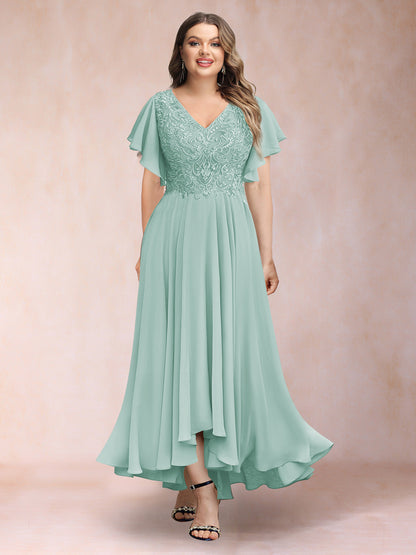 Robe de Soirée Trapèze/Princesse, Col en V, Manches Courtes, Longue, Grande Taille avec Applications