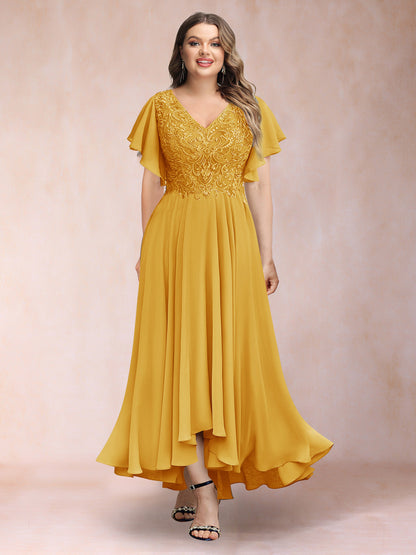 Robe de Soirée Trapèze/Princesse, Col en V, Manches Courtes, Longue, Grande Taille avec Applications