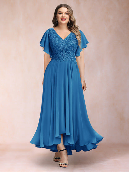 Robe de Soirée Trapèze/Princesse, Col en V, Manches Courtes, Longue, Grande Taille avec Applications