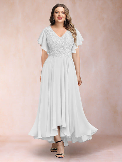 Robe de Soirée Trapèze/Princesse, Col en V, Manches Courtes, Longue, Grande Taille avec Applications