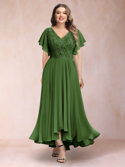 Robe de Soirée Trapèze/Princesse, Col en V, Manches Courtes, Longue, Grande Taille avec Applications