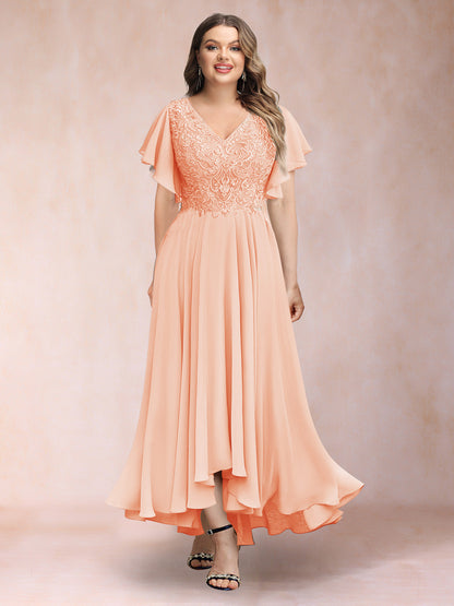 Robe de Soirée Trapèze/Princesse, Col en V, Manches Courtes, Longue, Grande Taille avec Applications