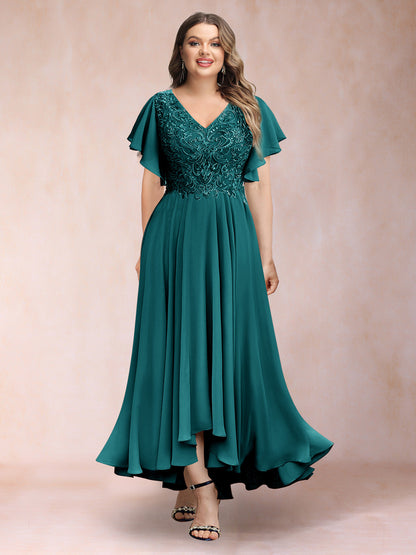 Robe de Soirée Trapèze/Princesse, Col en V, Manches Courtes, Longue, Grande Taille avec Applications