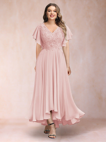 Robe de Soirée Trapèze/Princesse, Col en V, Manches Courtes, Longue, Grande Taille avec Applications