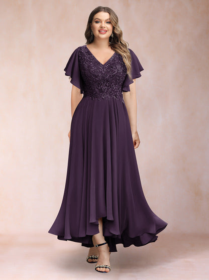 Robe de Soirée Trapèze/Princesse, Col en V, Manches Courtes, Longue, Grande Taille avec Applications