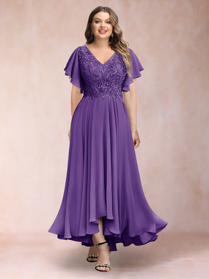 Robe de Soirée Trapèze/Princesse, Col en V, Manches Courtes, Longue, Grande Taille avec Applications