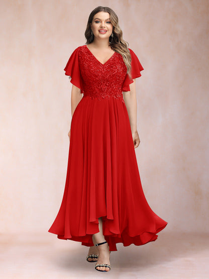 Robe de Soirée Trapèze/Princesse, Col en V, Manches Courtes, Longue, Grande Taille avec Applications