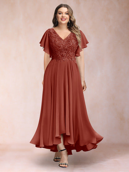 Robe de Soirée Trapèze/Princesse, Col en V, Manches Courtes, Longue, Grande Taille avec Applications