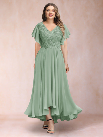 Robe de Soirée Trapèze/Princesse, Col en V, Manches Courtes, Longue, Grande Taille avec Applications