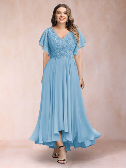 Robe de Soirée Trapèze/Princesse, Col en V, Manches Courtes, Longue, Grande Taille avec Applications
