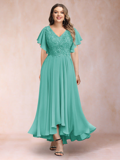 Robe de Soirée Trapèze/Princesse, Col en V, Manches Courtes, Longue, Grande Taille avec Applications